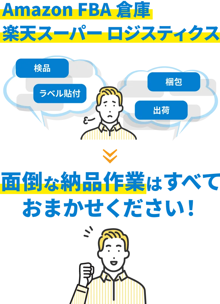 Amazon FBA倉庫や楽天スーパーロジスティクスへの面倒な検品・ラベル貼付・梱包・納品先への出荷まで、納品作業を代行いたします